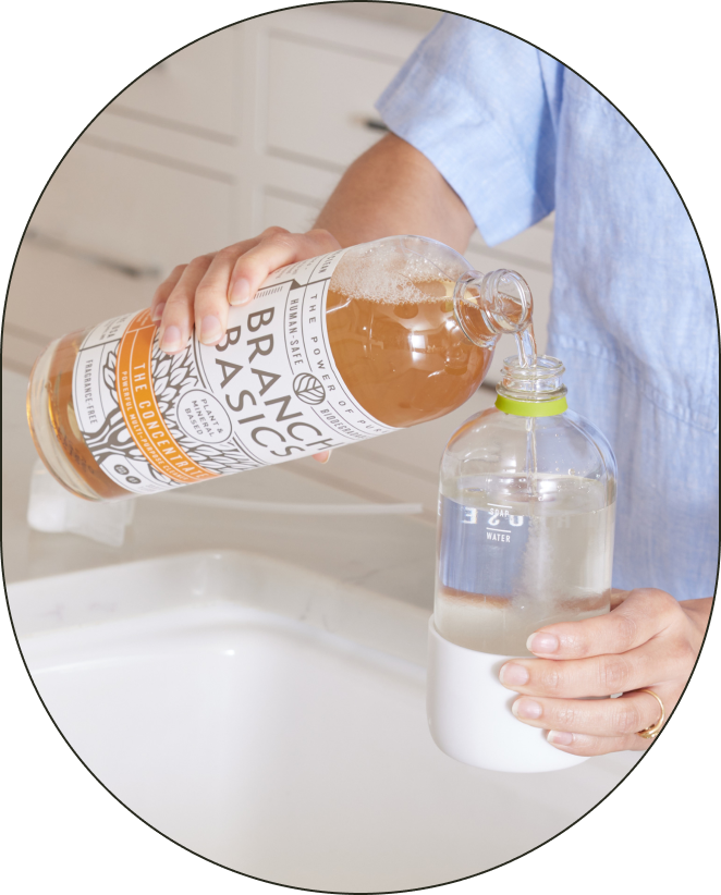 A person using a bottle of Branch Basics Concentrate to refill their reusable Glass All-Purpose bottle. - Card 2