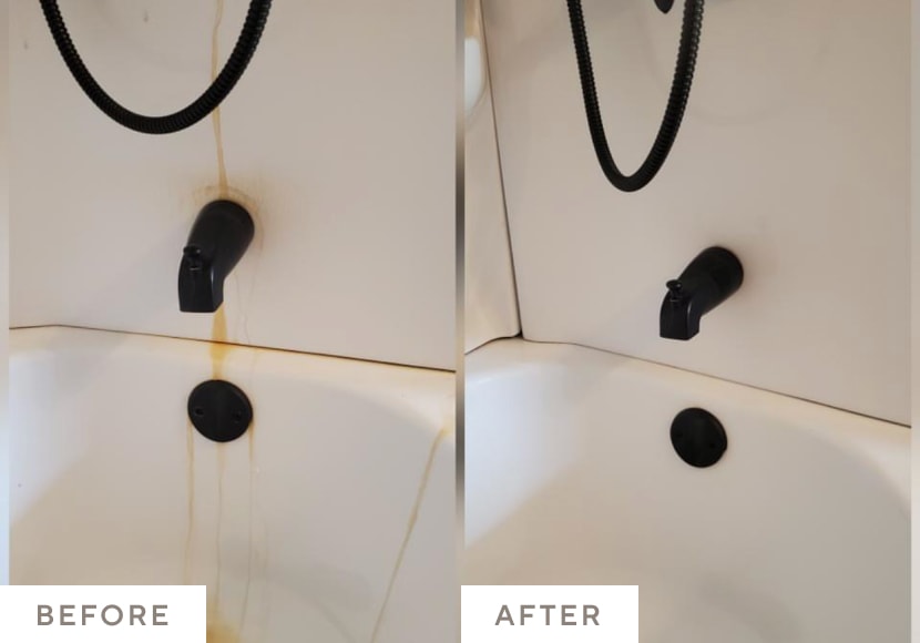 A stained bath tub cleaned white after Oxygen Boost