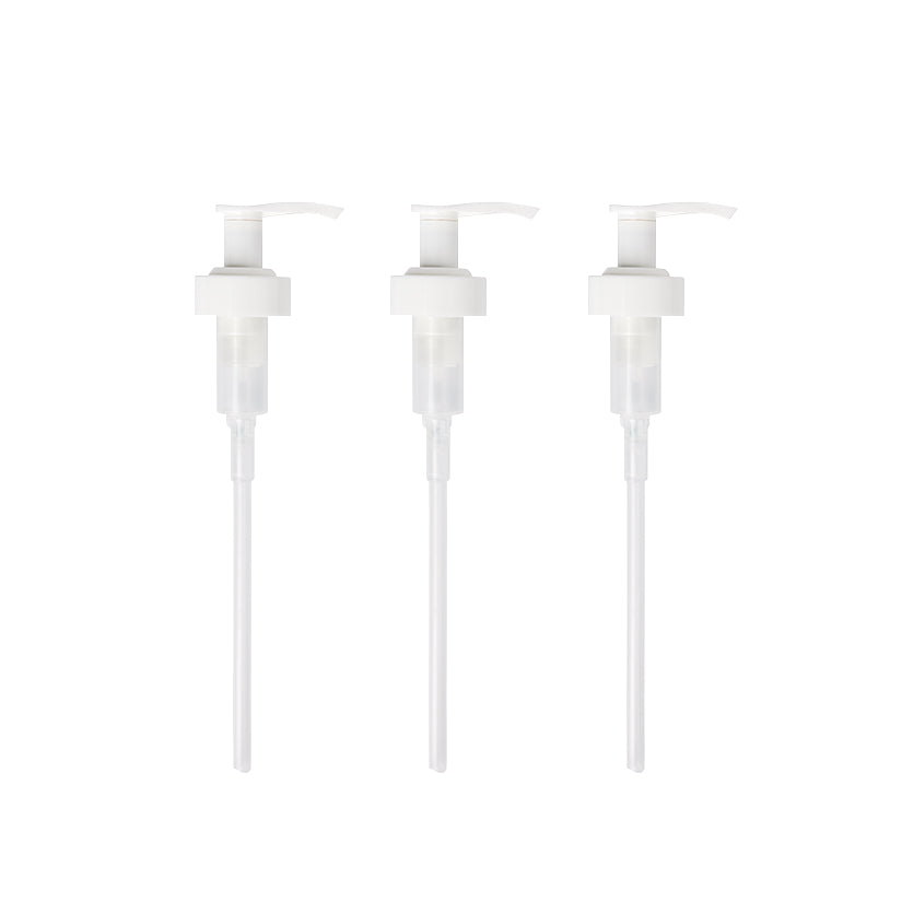 A trio of plastic Pumps for Glass Gel Hand Soap bottles, displayed on a white background. - View 2
