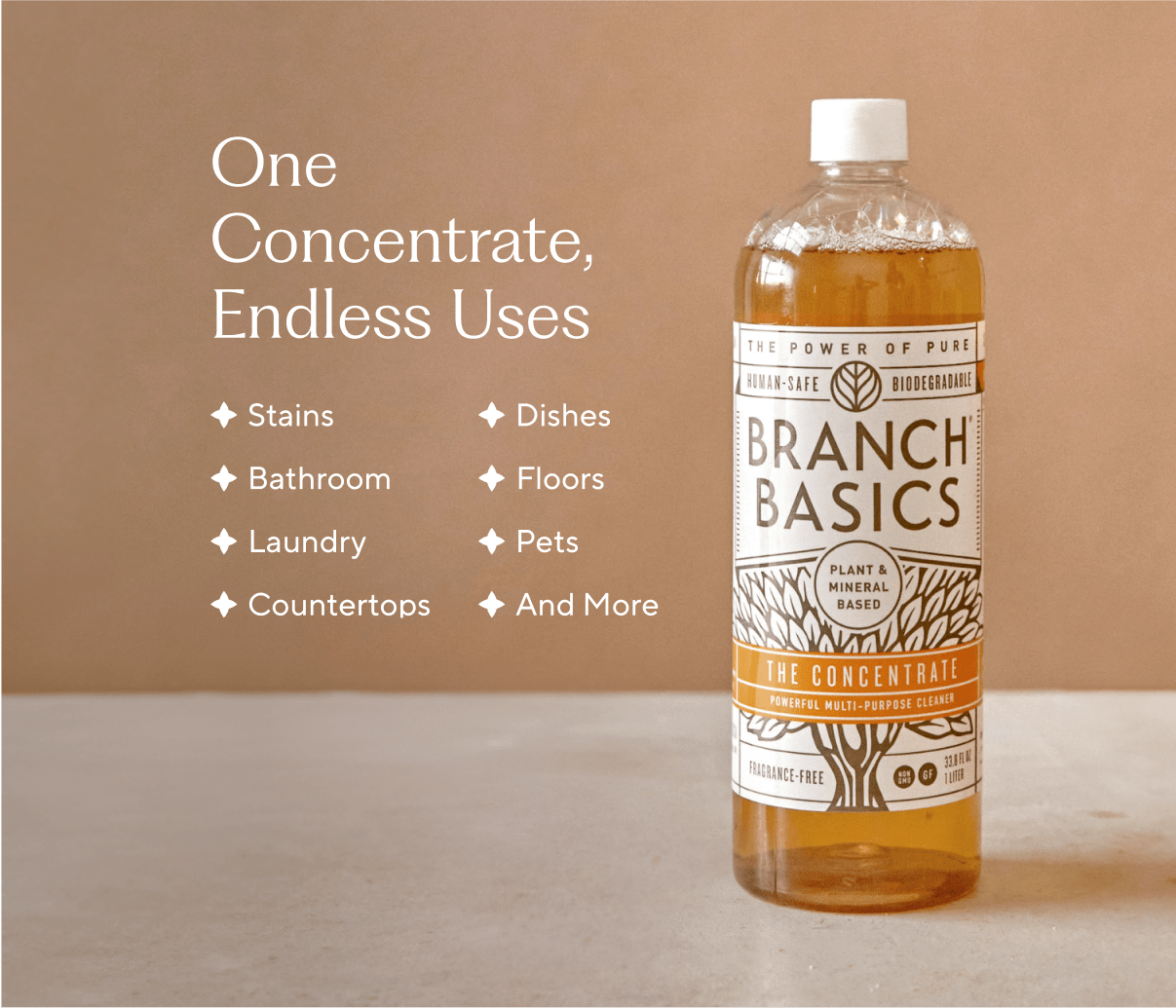 Embedded text that details the many uses for the Branch Basics Concentrate, including: stains, dishes, bathrooms, floors, laundry, pets, countertops, and more.  - View 3
