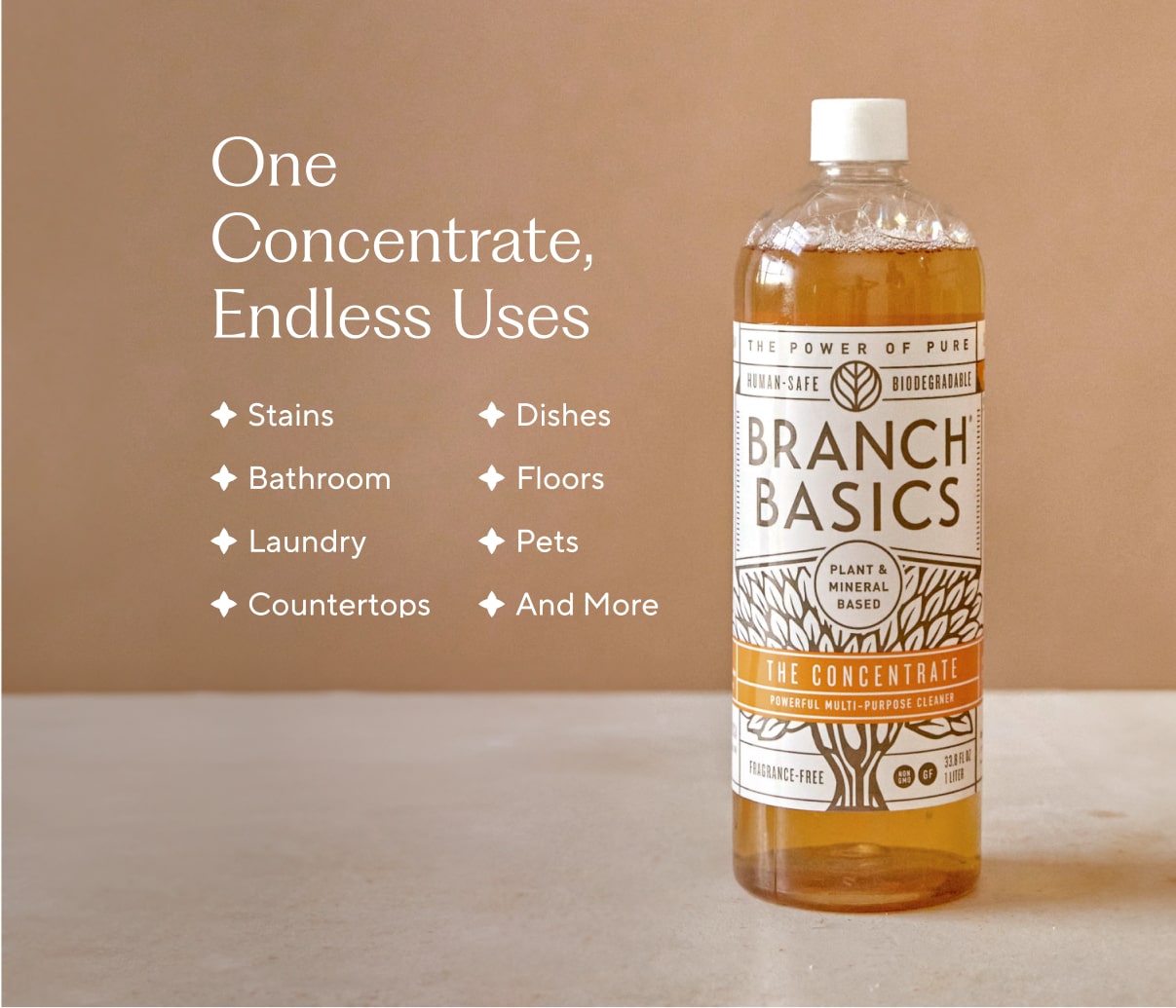 Embedded text that details the many uses for the Branch Basics Concentrate, including: stains, dishes, bathrooms, floors, laundry, pets, countertops, and more.  - View 5
