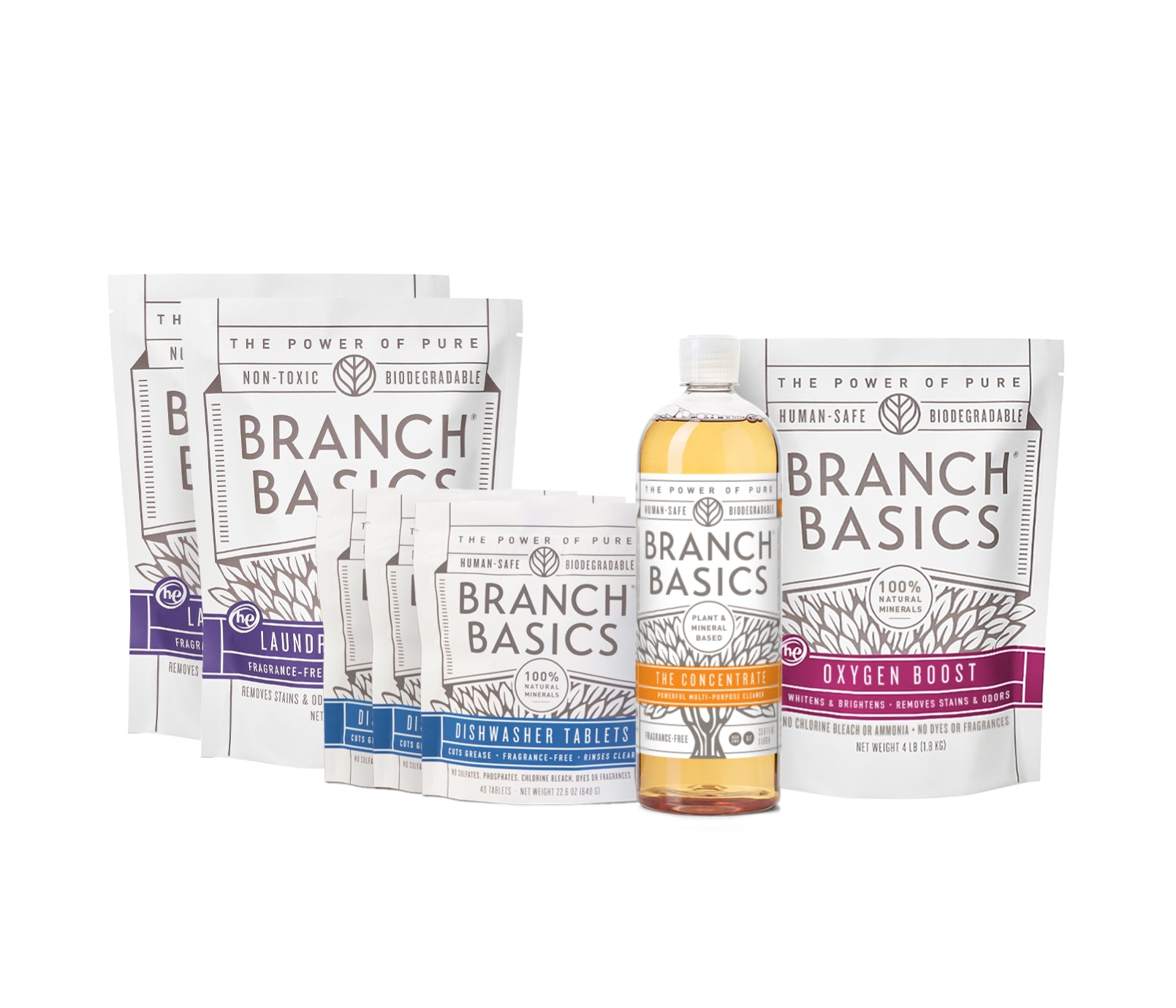 The Full Restock Bundle, featuring a bottle of Branch Basics Concentrate, Oxygen Boost, Laundry Detergent, and Dishwasher Tablets displayed on a white background. - View 2
