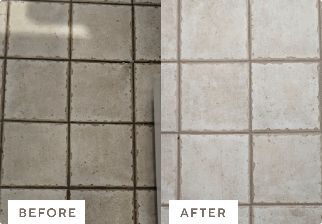 Before and after images of dirty tile cleaned with Branch Basics.