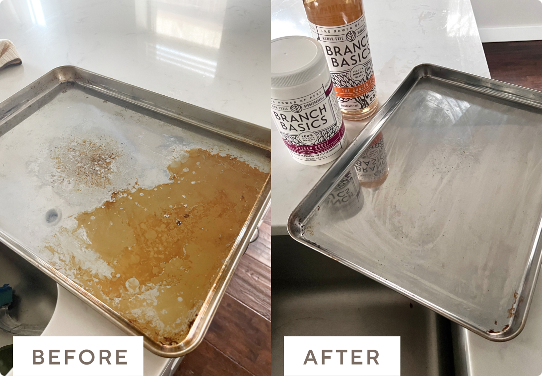 Before and after images of a dirty cookie sheet cleaned with Branch Basics.