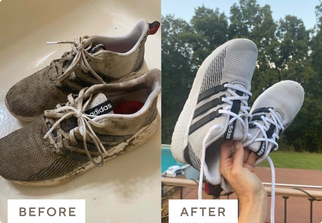 Before and after images of muddy shoes cleaned with Branch Basics.