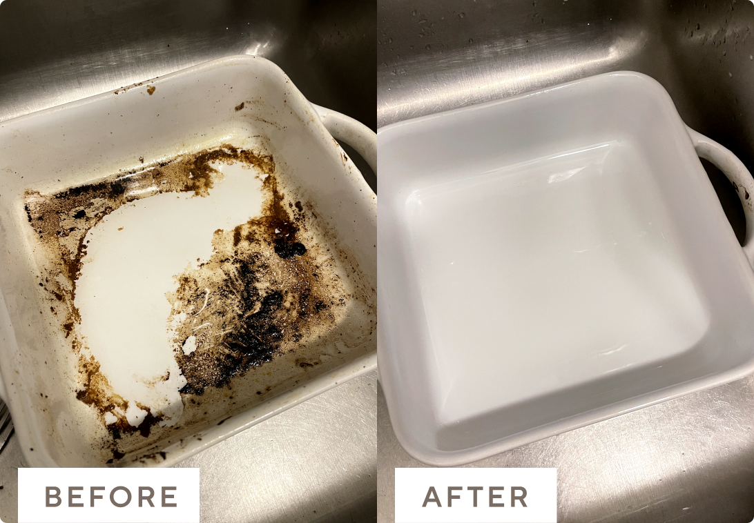 Before and after images of a dirty baking dish cleaned with Branch Basics.