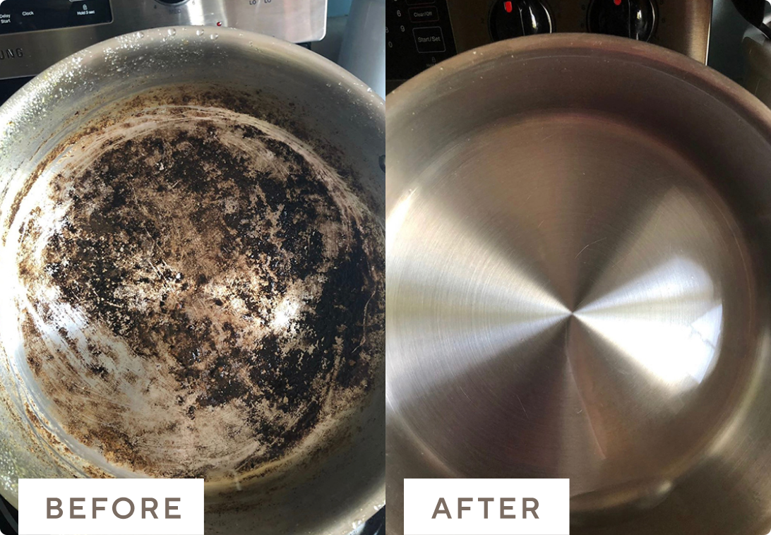 Before and after images of a dirty skillet cleaned with Branch Basics.