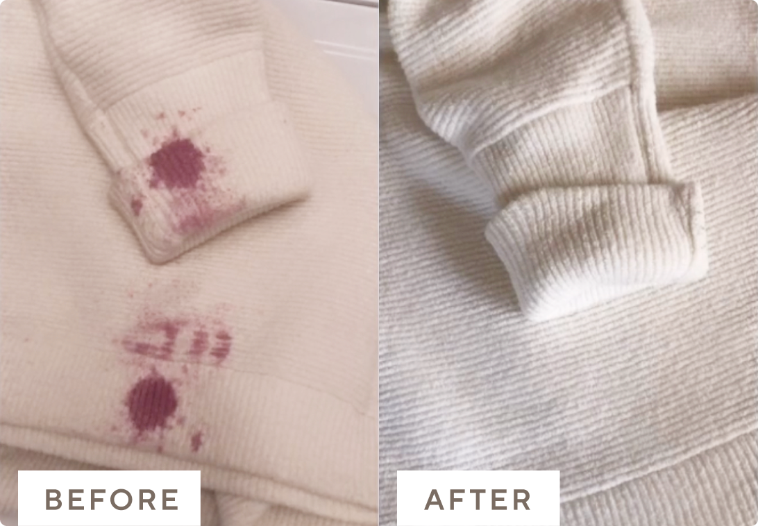 Before and after images of a stained sweater cleaned with Branch Basics.