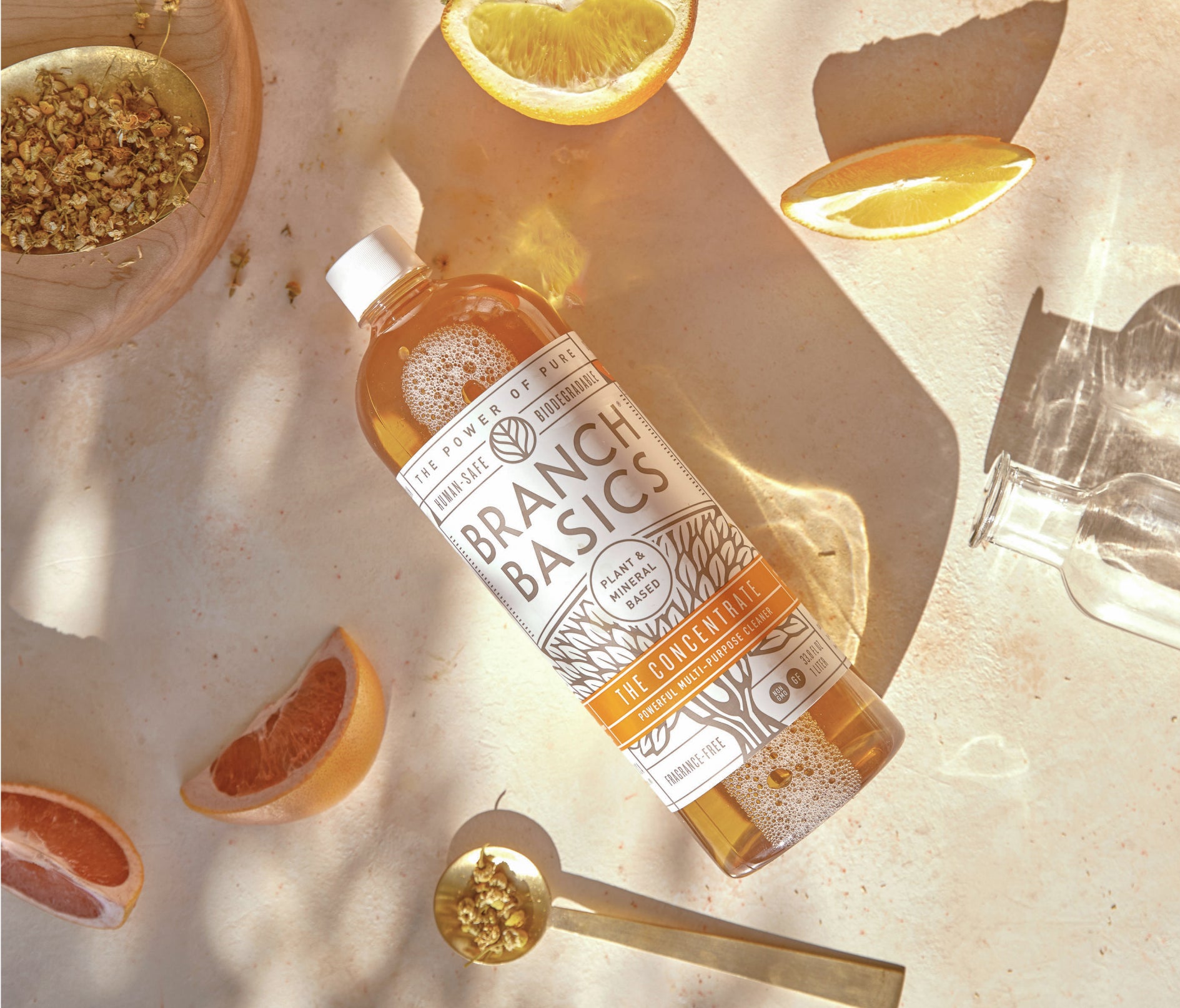 A bottle of Branch Basics Concentrate laid on its side with light projecting a large shadow to the right side of the bottle. Displayed against a neutral background. - View 6
