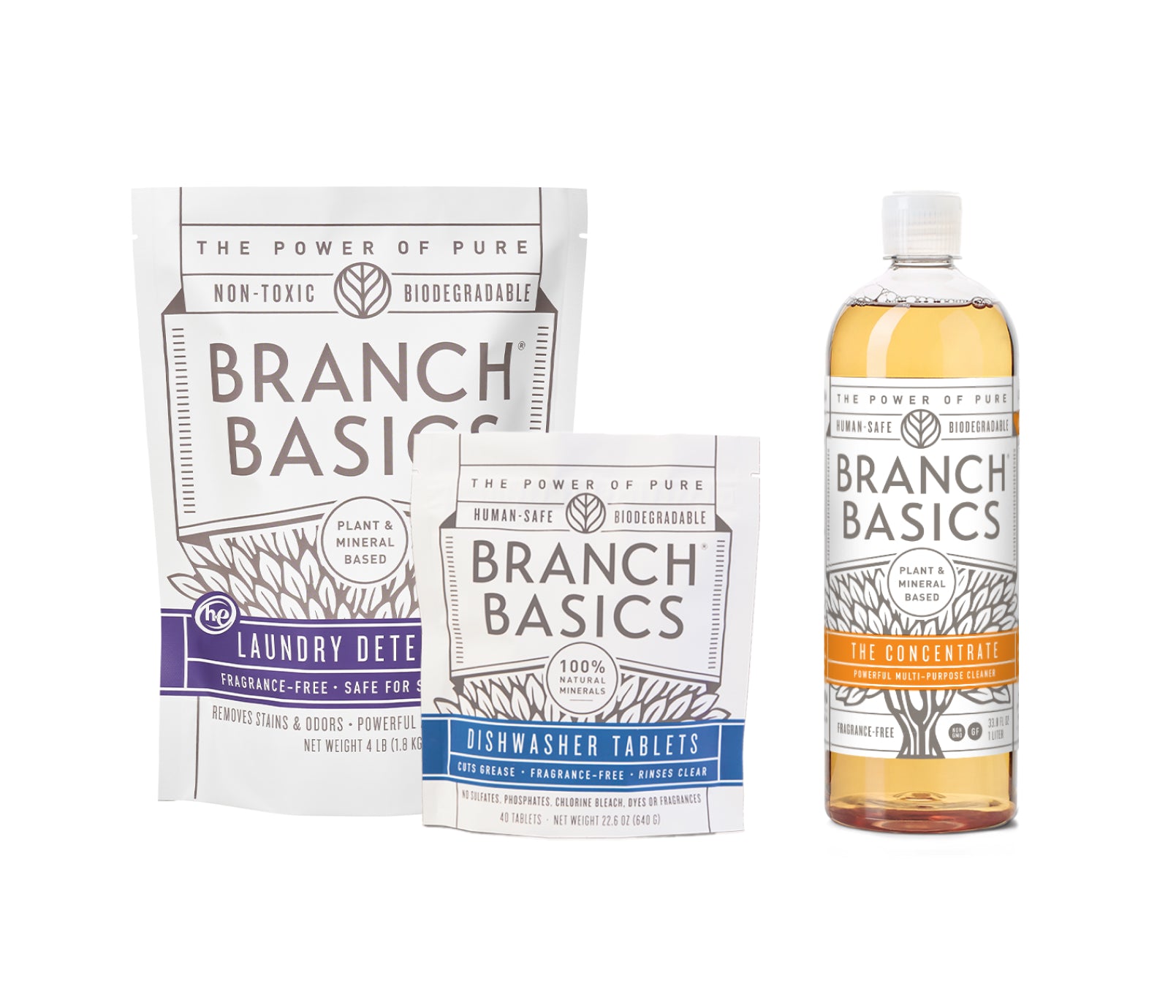 A bottle of Branch Basics Concentrate, a pouch of Dishwasher Tablets, and a pouch of Laundry Detergent are displayed on a white background. - View 2
