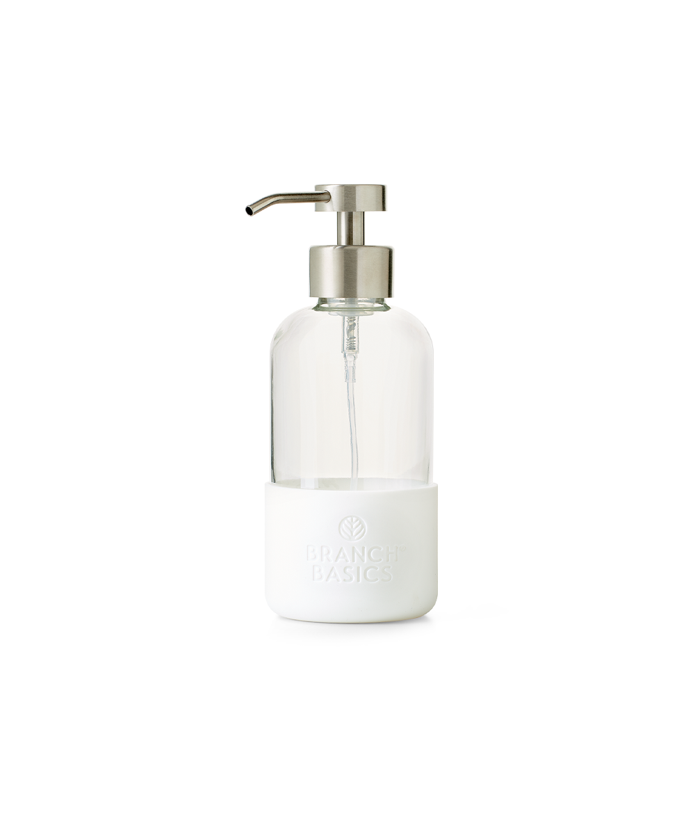 A single refillable Glass Foaming Wash Bottle with a Brushed-Chrome pump, displayed on a transparent background. - View 1
