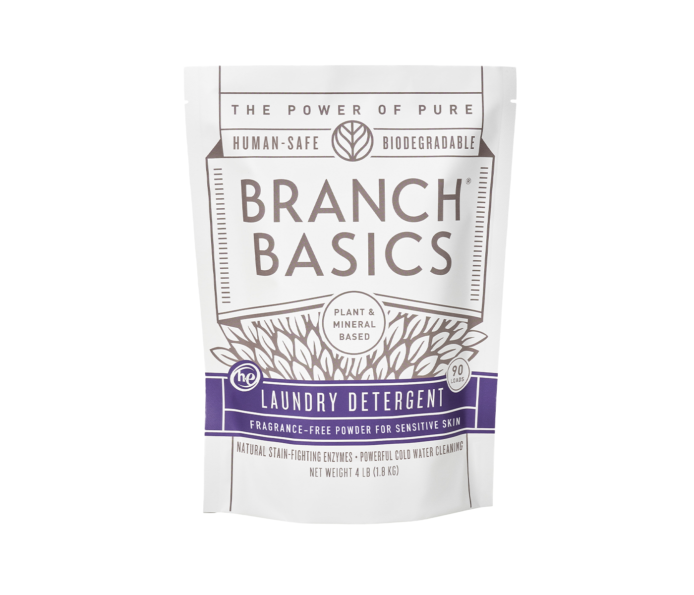 A pouch of Branch Basics Laundry Detergent powder. The packaging is white with purple and grey accents and text that highlights the product features, including 'plant-based formula' and 'human-safe, biodegradable'. - View 2
