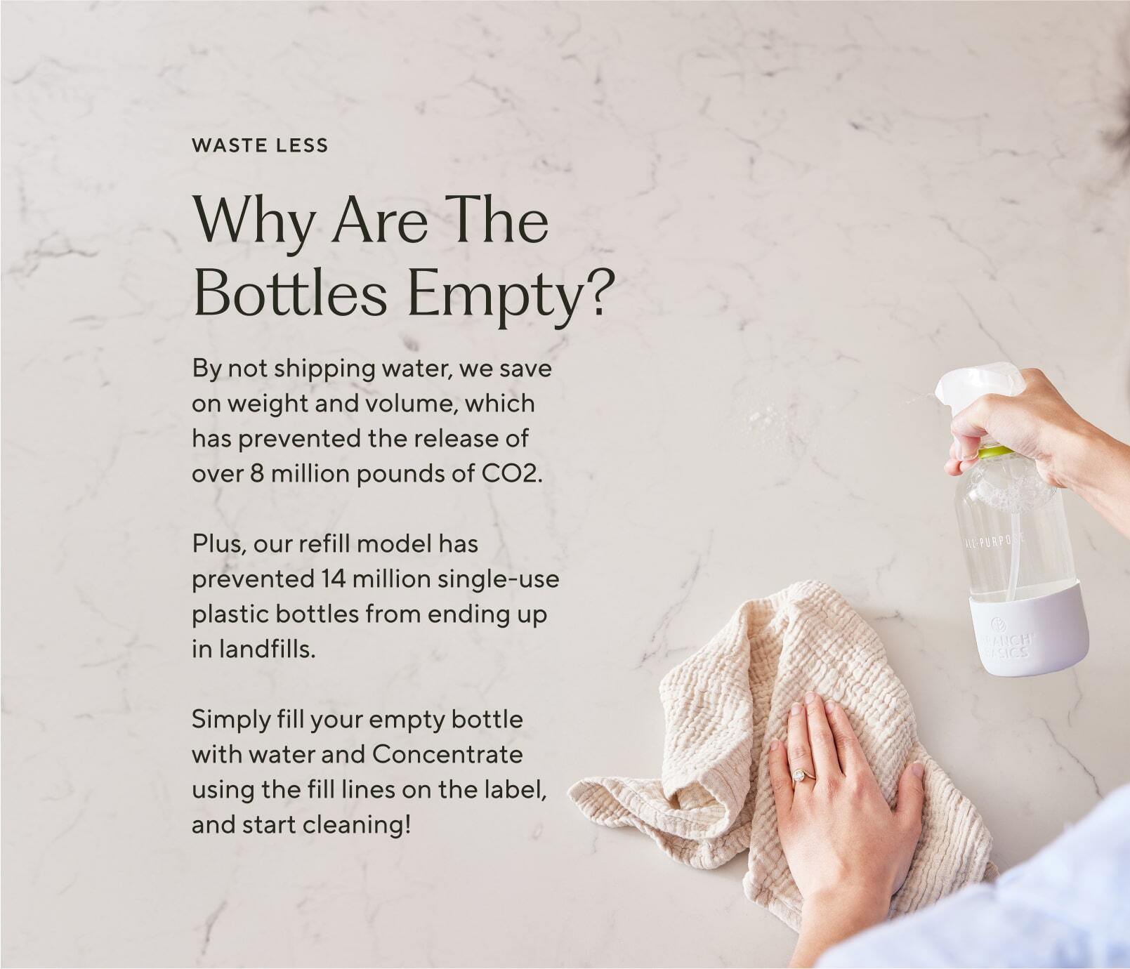 Embedded text that explains the environmental benefits of shipping refillable bottles empty vs full of water or Branch Basics Concentrate. - View 5
