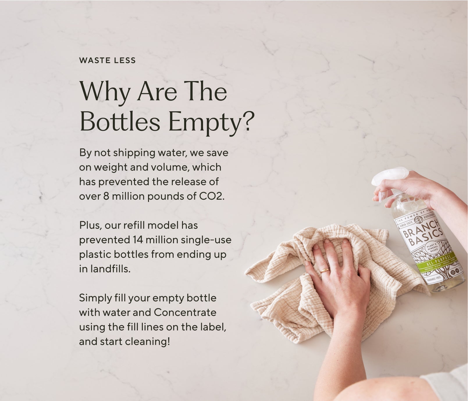 Embedded text that explains the environmental benefits of shipping refillable bottles empty vs full of water or Branch Basics Concentrate. - View 5
