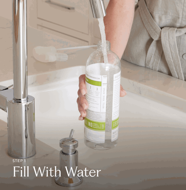A GIF featuring step-by-step instructions that tell users how to fill Plastic Branch Basics bottles.