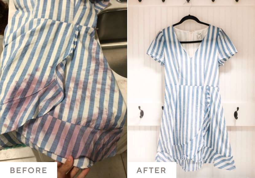 Wine stains on a white dress removed by Oxygen Boost