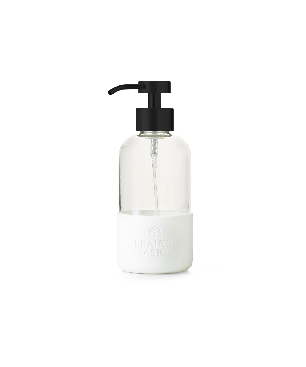 A single refillable Glass Foaming Wash Bottle with a Matte-Black pump, displayed on a transparent background. - View 1
