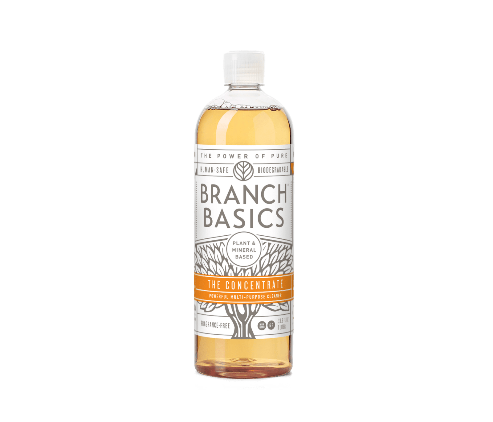 A plastic bottle of Branch Basics Concentrate cleaning solution with a white label and tree graphic.