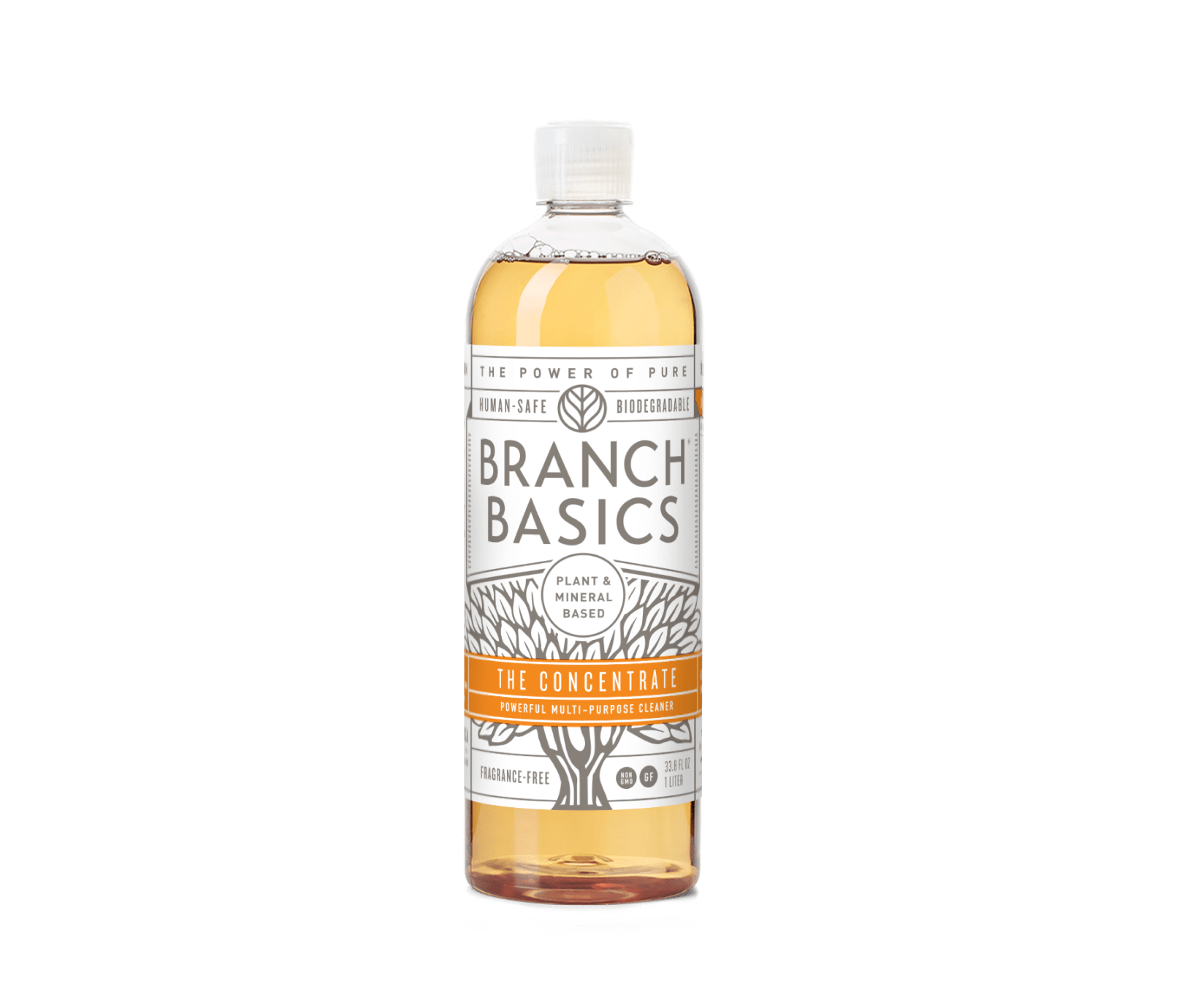 A plastic bottle of Branch Basics Concentrate cleaning solution with a white label and tree graphic. - View 1
