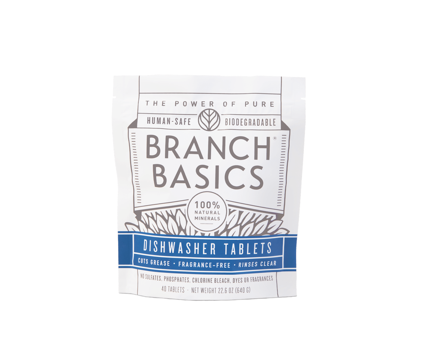 A pouch of Branch Basics Dishwasher Tablets. The packaging is white with blue and grey accents. - View 1
