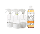 The Cleaning Essentials Kit featuring refillable Glass bottles, displayed against a transparent background.