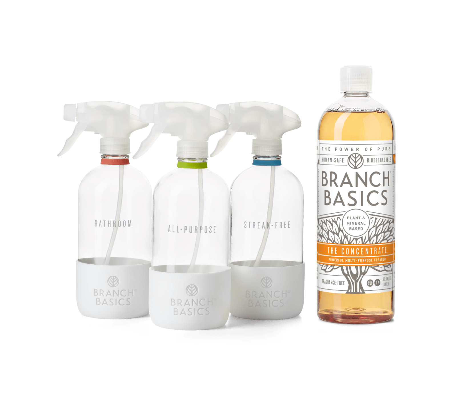 The Cleaning Essentials Kit featuring refillable Glass bottles, displayed against a transparent background. - View 2
