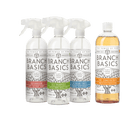 The Cleaning Essentials Kit featuring refillable Plastic bottles, displayed against a transparent background.