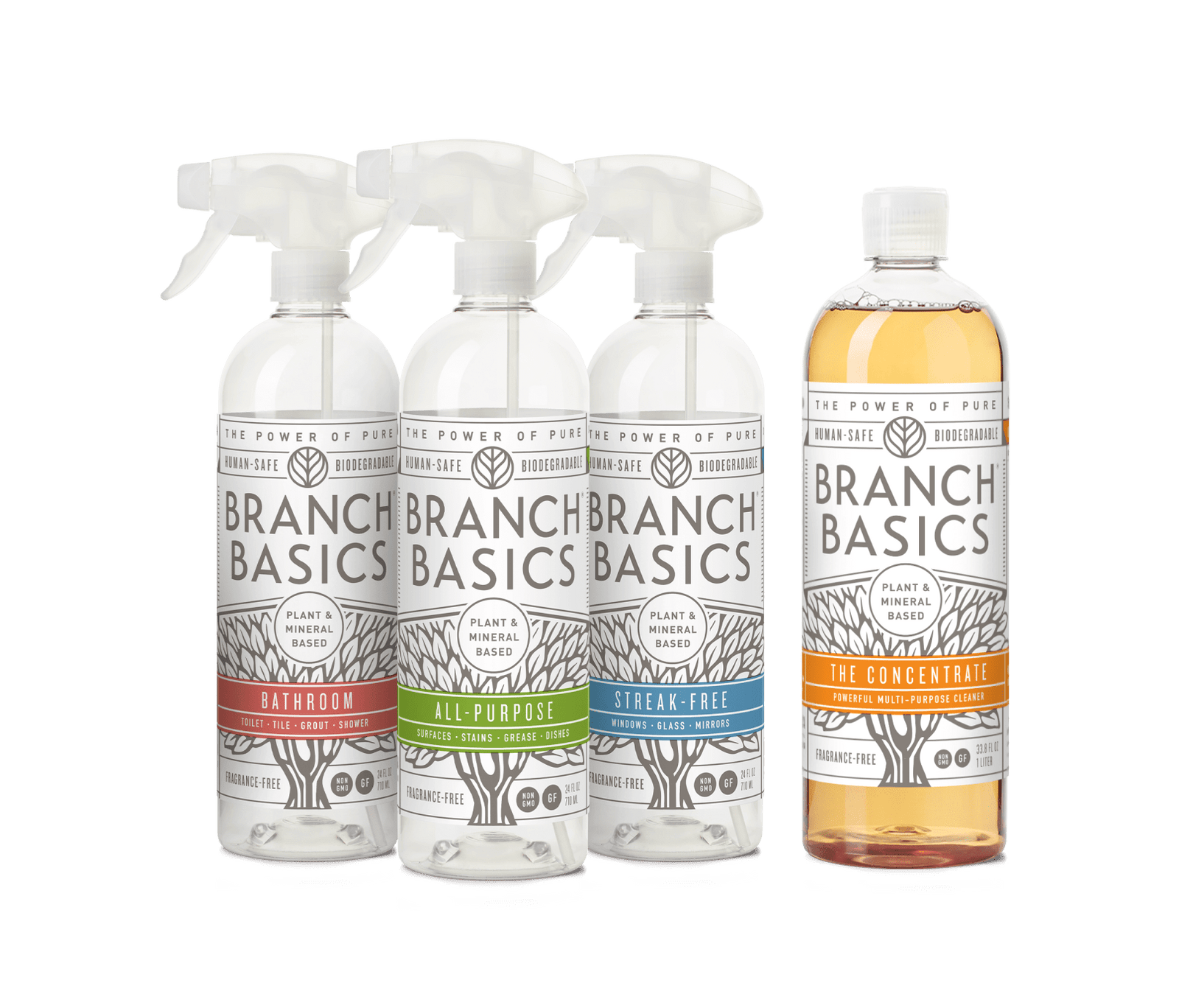 The Cleaning Essentials Kit featuring refillable Plastic bottles, displayed against a transparent background.