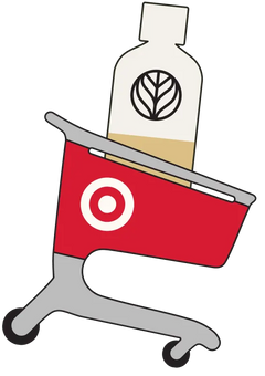 Illustration of a red Target shopping cart with a Branch Basics Concentrate bottle inside.