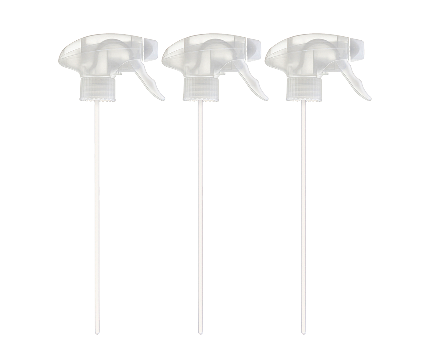 A trio of Bottle Spray Triggers, displayed on a transparent background. - View 1
