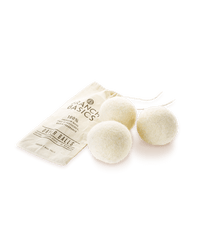A trio of Wool Dryer Balls accompanied by a cloth carrying bag, displayed on a transparent background. - Thumbnail View 1
