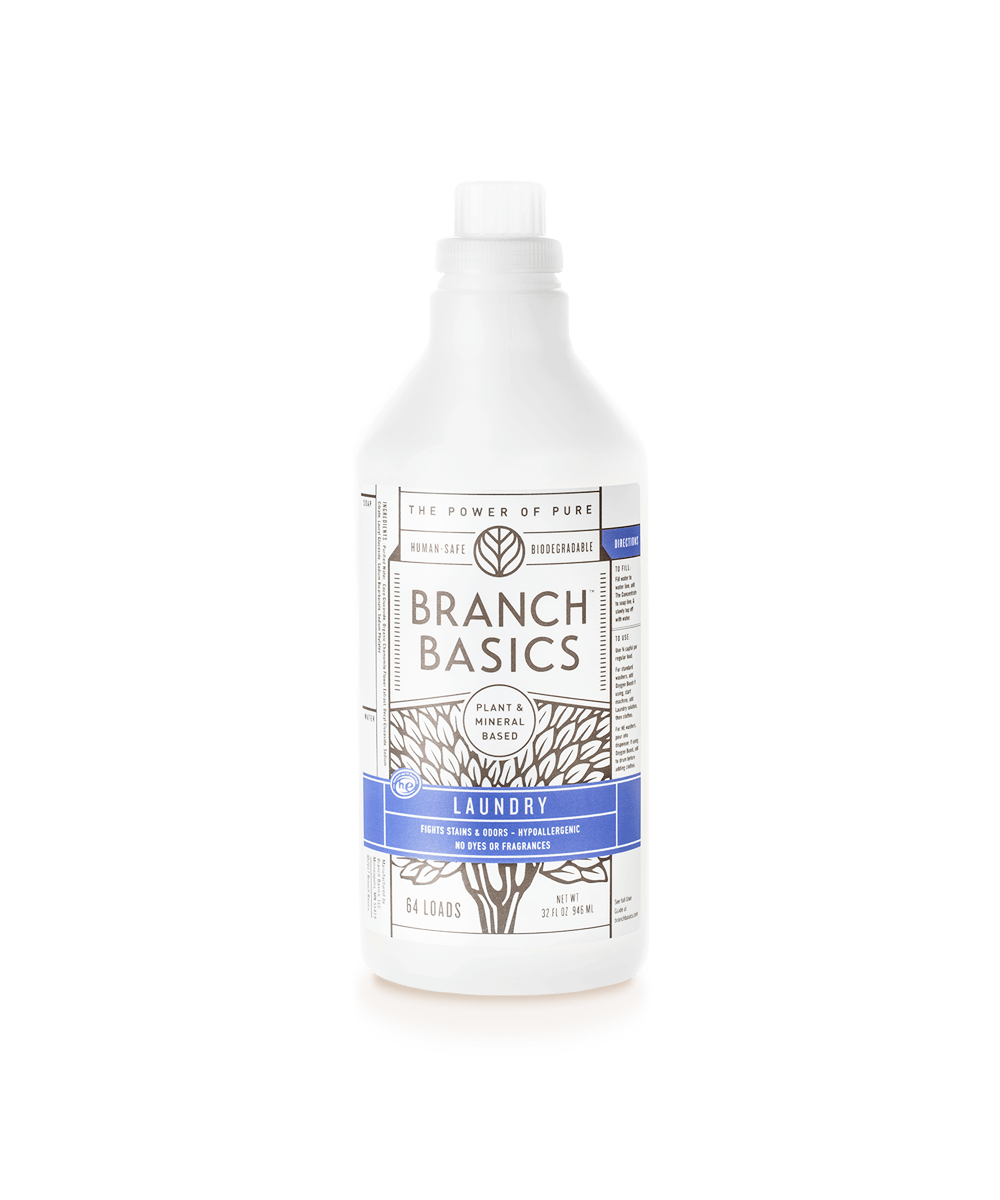 A refillable Plastic Laundry bottle, used to dilute and dispense Branch Basics Concentrate with water, displayed on a transparent background. - View 1
