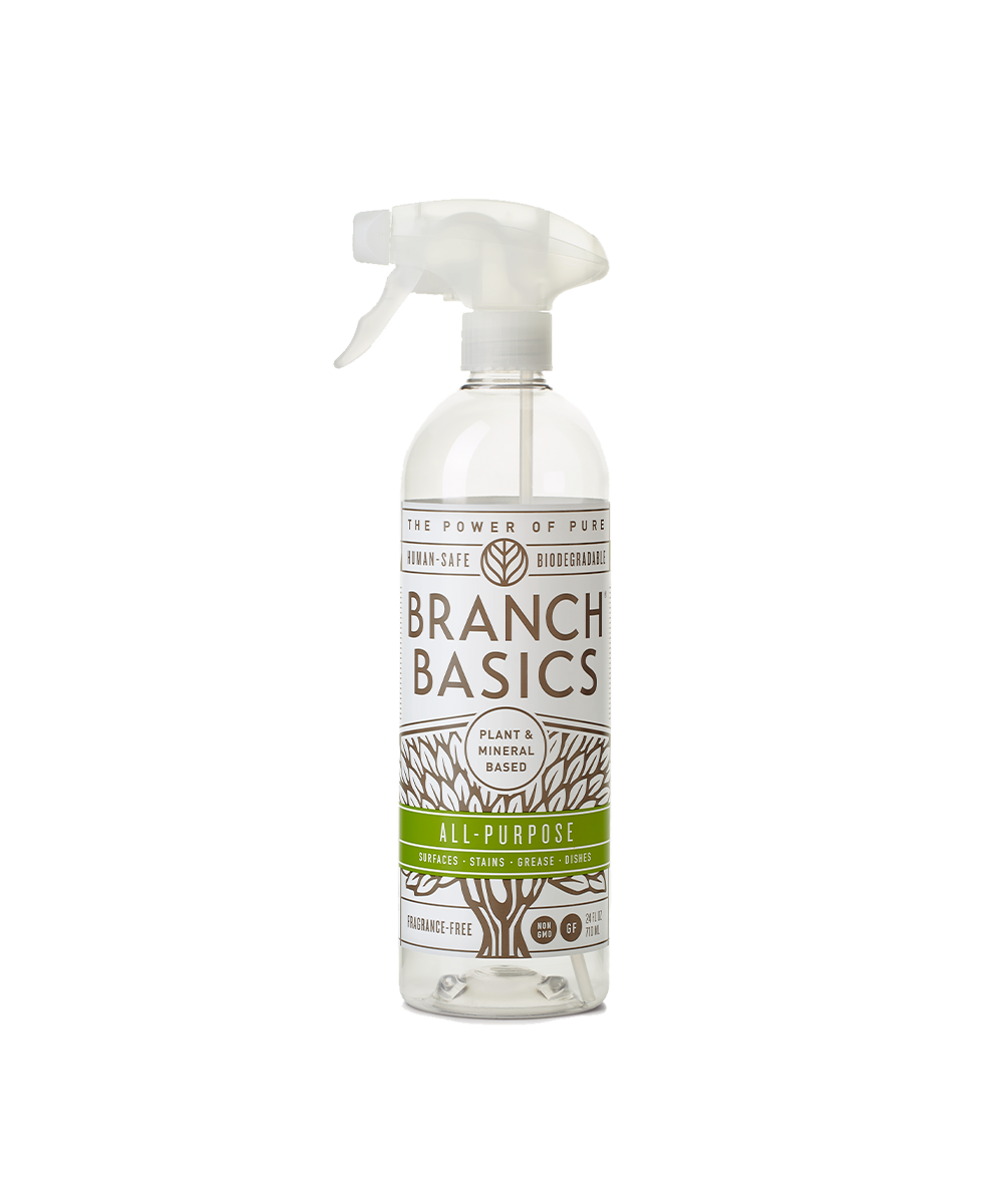 A refillable Plastic All-Purpose bottle, used to dilute and dispense Branch Basics Concentrate with water, displayed on a transparent background. - View 1
