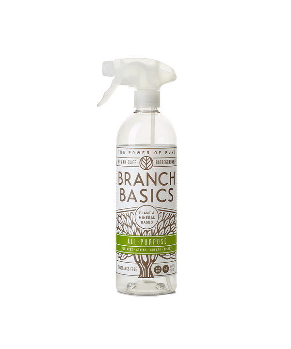 A refillable Plastic All-Purpose bottle, used to dilute and dispense Branch Basics Concentrate with water, displayed on a transparent background.