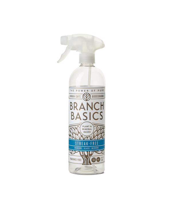 A refillable Plastic Streak-Free bottle, used to dilute and dispense Branch Basics Concentrate with water, displayed on a transparent background.