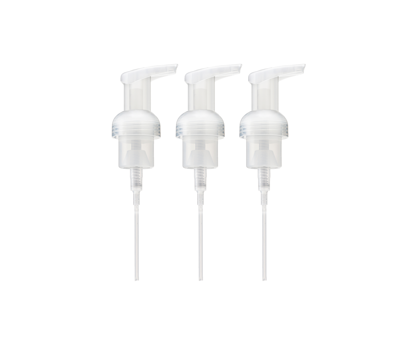 A trio of plastic Foaming Wash Pumps, displayed on a transparent background. - View 1
