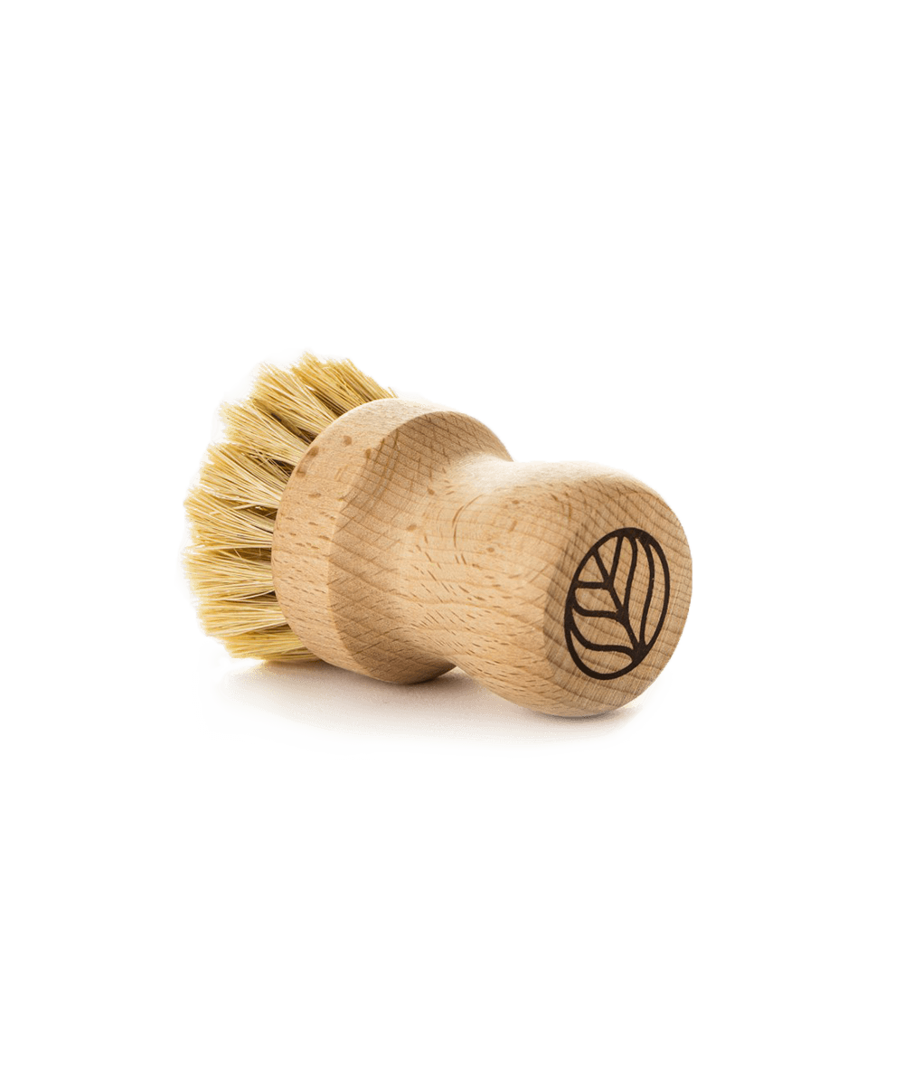 A Natural Scrub Brush, made with a solid beechwood handle and natural fiber bristles, displayed on a transparent background. - View 1
